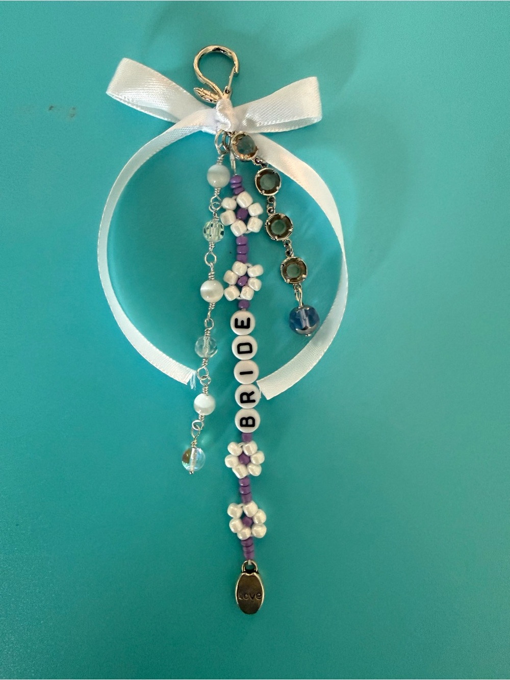 Personalized Bride Beaded handbag/keychain Charm with White Ribbon
